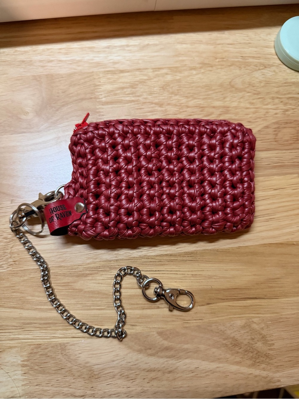 Red faux leather crocheted card wallet w/ chain